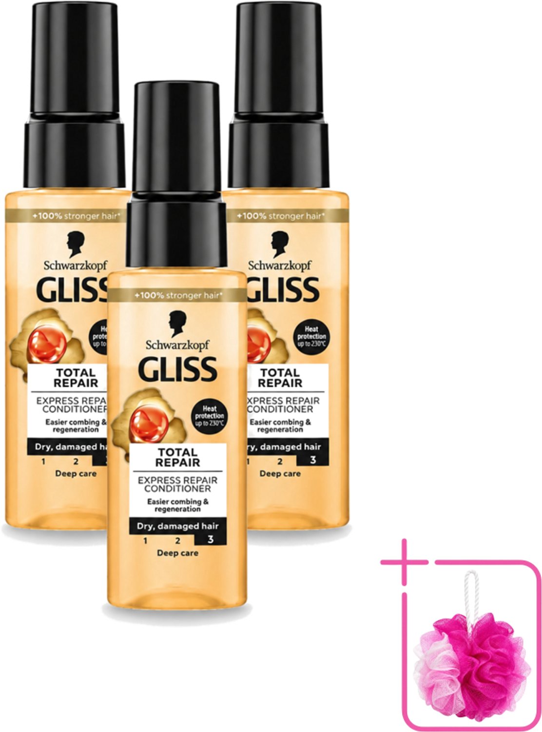 3 x Gliss - Total Repair - Express Repair Conditioner - Deep Care - 70 ml - Bulkverpakking - Haarkracht - Douchemop - Haarherstel