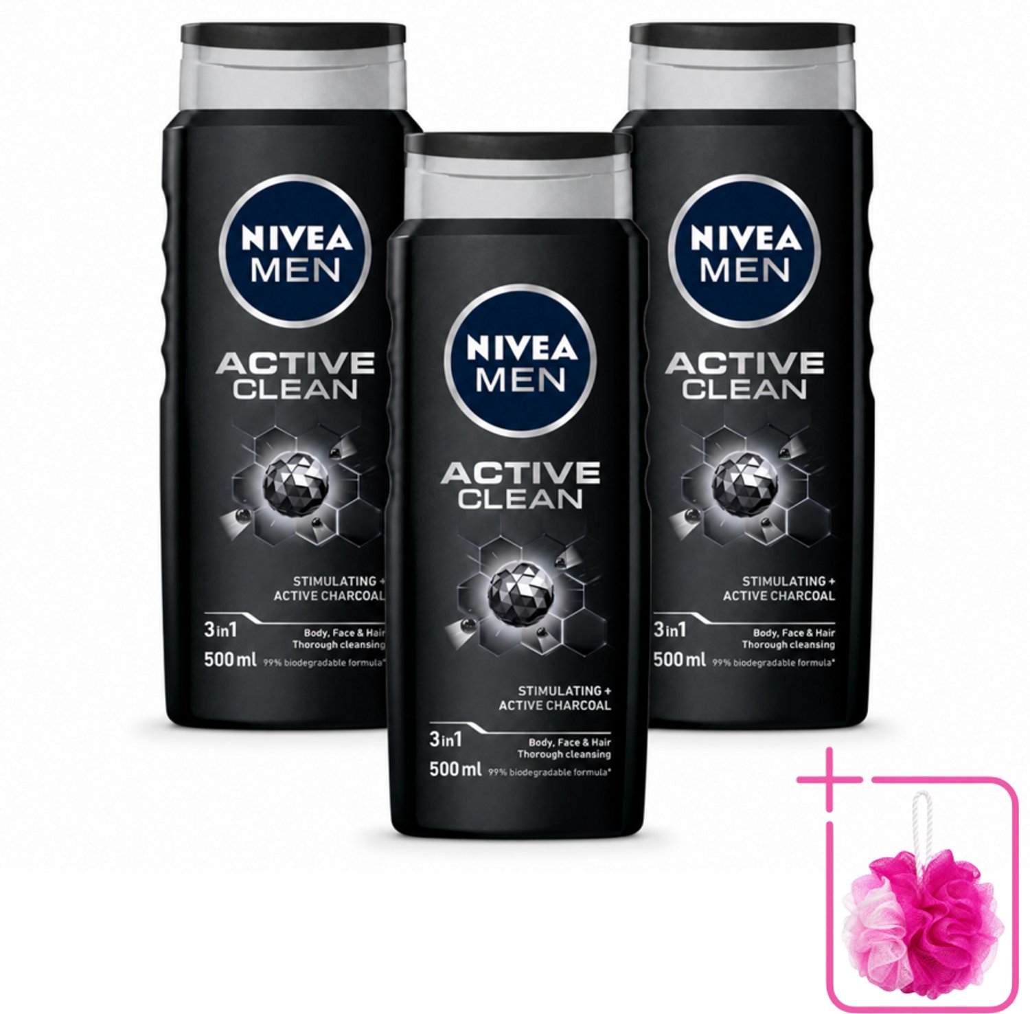 3 x NIVEA MEN - Douchegel - Active Clean - 500 ml - Bulkverpakking - Douchegel mannen - Douchemop - Actief houtskool