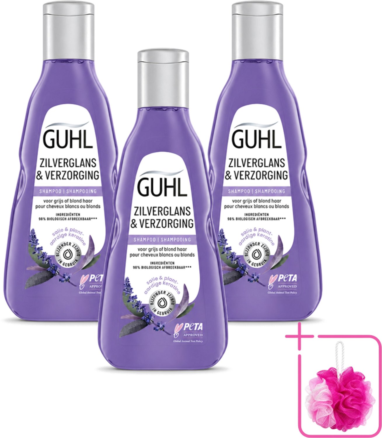 3 x Guhl - Shampoo - Zilverglans & Verzorging - 250 ml - Bulkverpakking - Zilverglans shampoo - Douchemop - Anti-geel effect