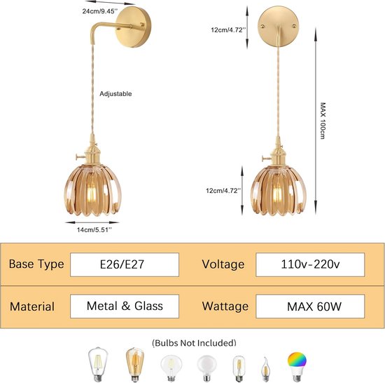 Vintage wandlamp met heldere geribbelde glazen kap, gouden wandlamp met E27-fitting en draaischakelaar, elegante wandverlichting voor slaapkamer of woonkamer (barnsteen, verpakking van 2) — afbeelding 5