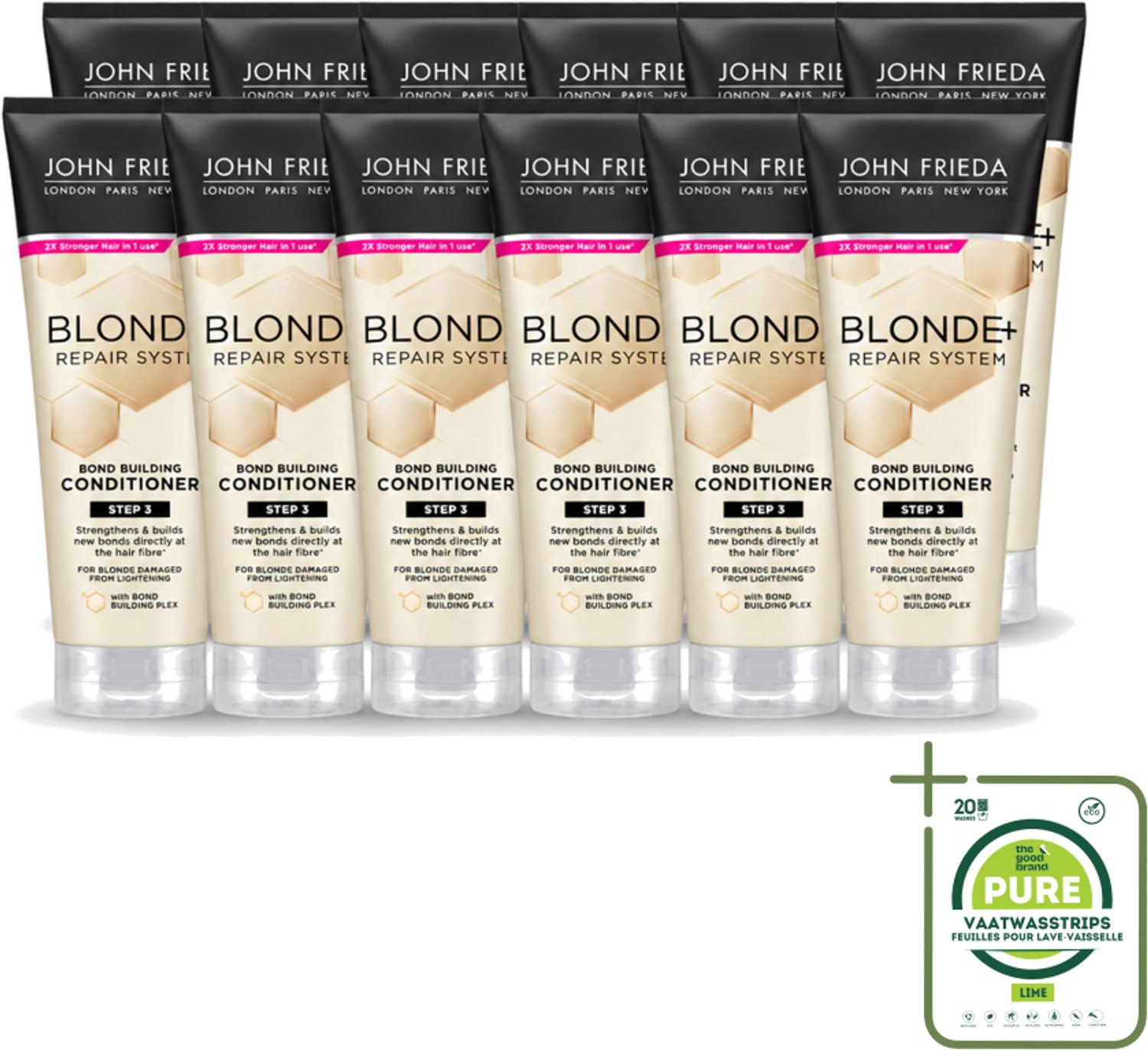 12 x John Frieda – Conditioner – Blonde+ Repair Bond Building – Herstellend – 250 ml - Grootverpakking - Herstel Blond Haar - Beschadigd Haar - Opgelicht Haar - Haarverbindingen - Haarversterking