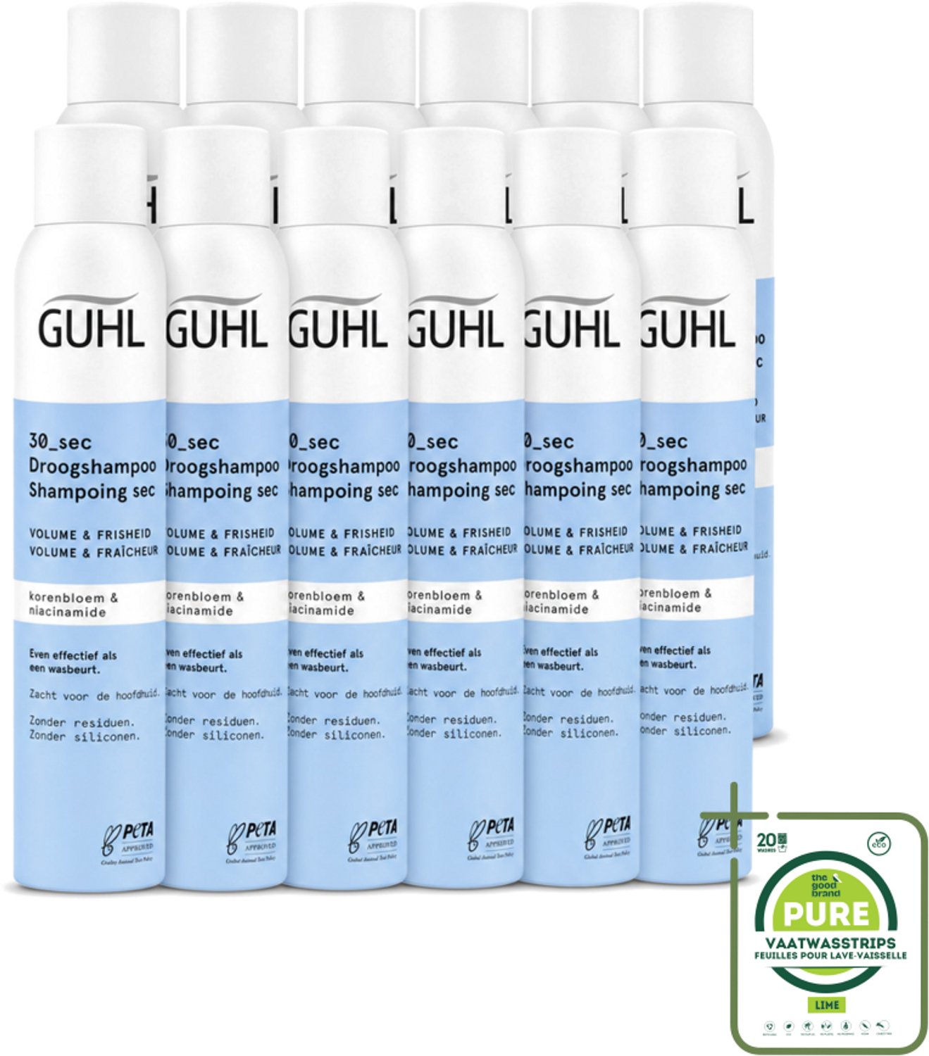 12 x Guhl – Droogshampoo – Volume & Frisheid 30 sec – 200 ml - Grootverpakking - Vaatwasstrips - Droogshampoo - Volume En Frisheid - Snel Resultaat - Korenbloem - Niacinamide