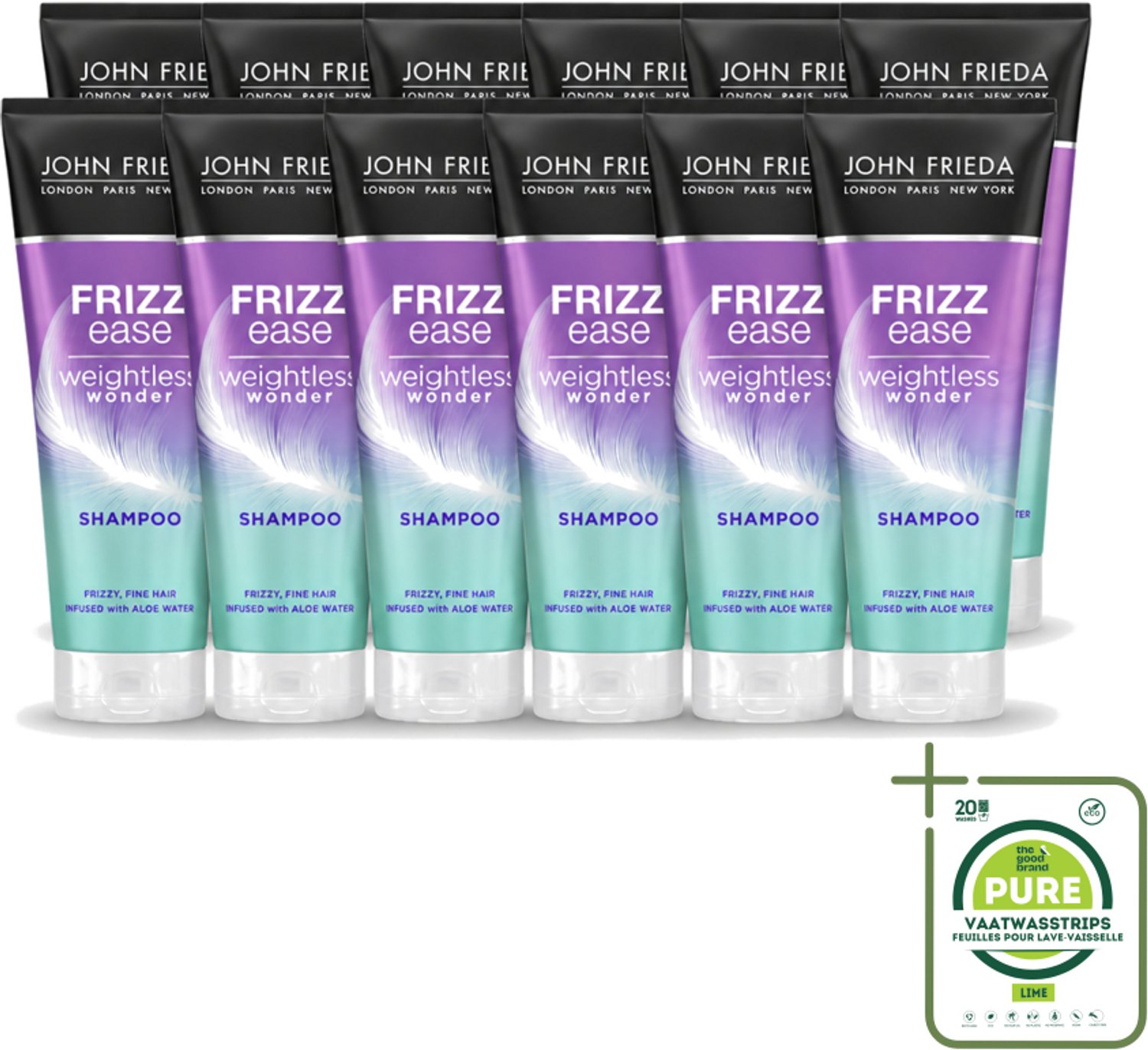 12 x John Frieda – Shampoo – Frizz Ease Weightless Wonder – Lichtgewicht verzorging – 250 ml - Grootverpakking - Pluisvrij Haar - Lichtgewicht Shampoo - Anti-pluis Shampoo - Fijn Haar - Glad Haar
