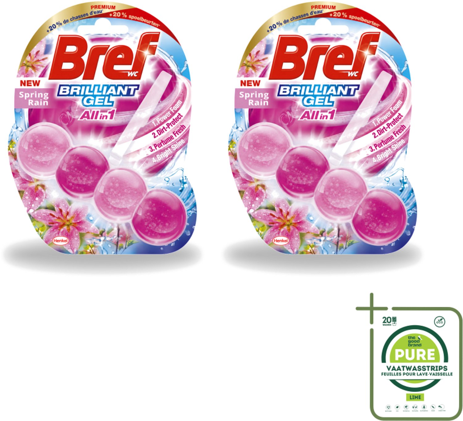 2 x Bref - Toiletblok - Brilliant Gel - Spring Rain - 42g - Grootverpakking - Vaatwasstrips - Toilet Reinigen - Toilet Fris - Toilet Glans - Toilet Hygiëne - Toilet Schoon