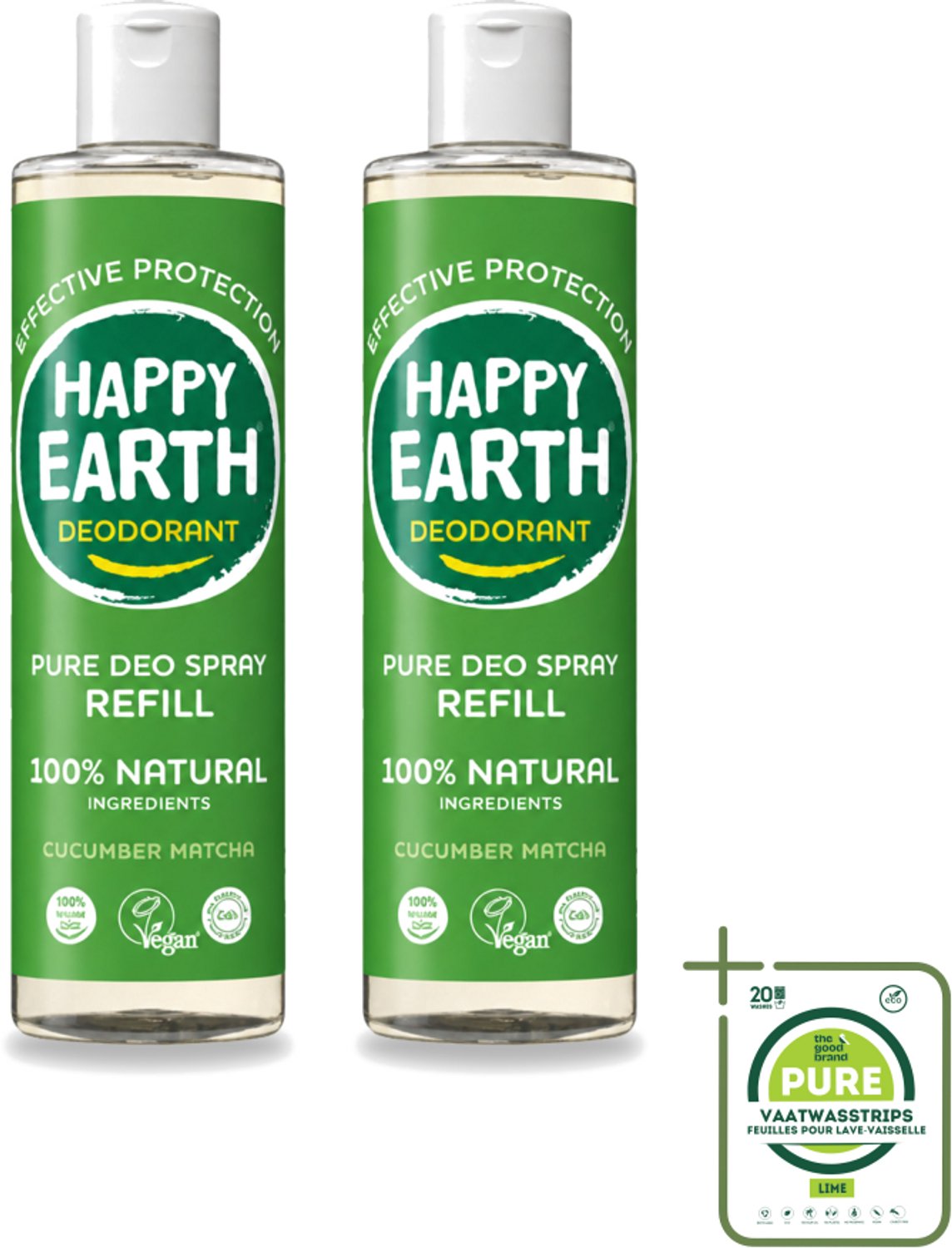 2 x Happy Earth – Deodorant Spray Navulling – 100% Natuurlijk Cucumber Matcha – 300 ml - Grootverpakking - Vaatwasstrips - Deodorant - Frisheid - Natuurlijke Deodorant - Matcha - Komkommer
