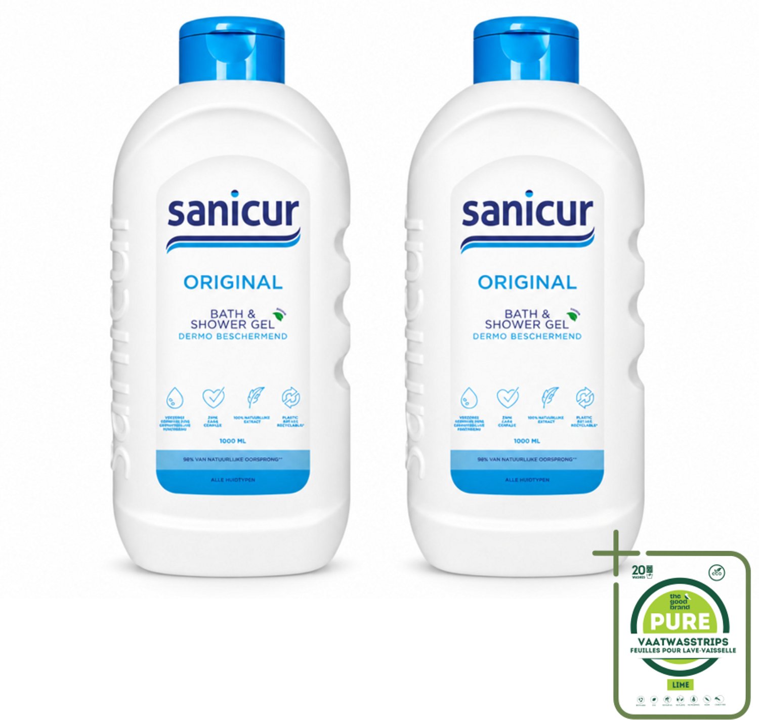 2 x Sanicur – Bad & Douchegel – Original – 1000 ml - Grootverpakking - Vaatwasstrips - Bad En Douche Gel - Huidverzorging - Vochtregulerend - PH-huidneutraal - Huidbeschermend