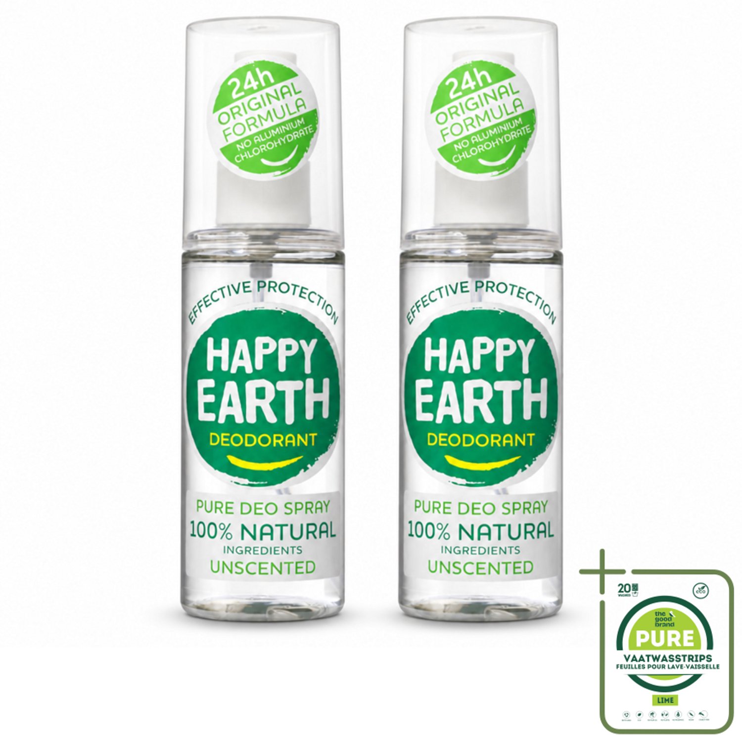 2 x Happy Earth – Deodorant Spray – 100% Natuurlijk Unscented – 100 ml - Grootverpakking - Vaatwasstrips - Geurloos Deodorant - Hypoallergene Deodorant - Natuurlijke Deodorant - Deodorant Voor Gevoelige Huid - Mineralen Deodorant