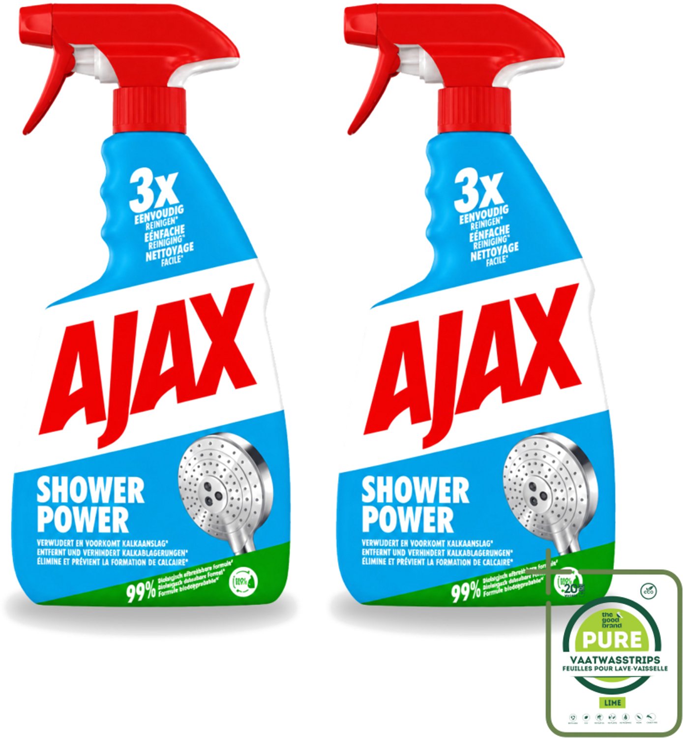 2 x Ajax – Spray – Shower Power – 750 ml - Grootverpakking - Vaatwasstrips - Badkamer Reinigen - Kalkaanslag Verwijderen - Zeepresten Verwijderen - Douche Reinigen - Badkamer Schoon Houden