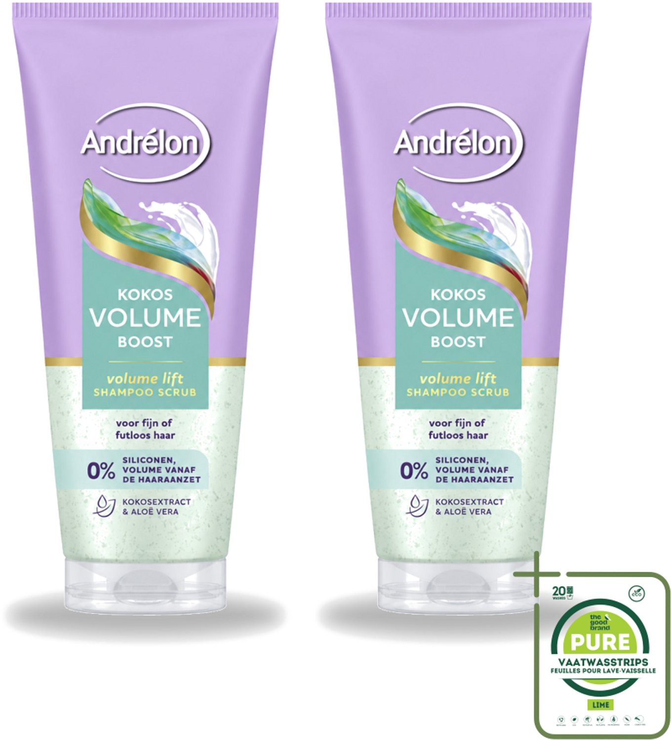 2 x Andrélon – Shampoo Scrub – Kokos Volume Boost – 200 ml - Grootverpakking - Vaatwasstrips - Haarkleur - Haartype - Haargewicht - Haartype - Haartype