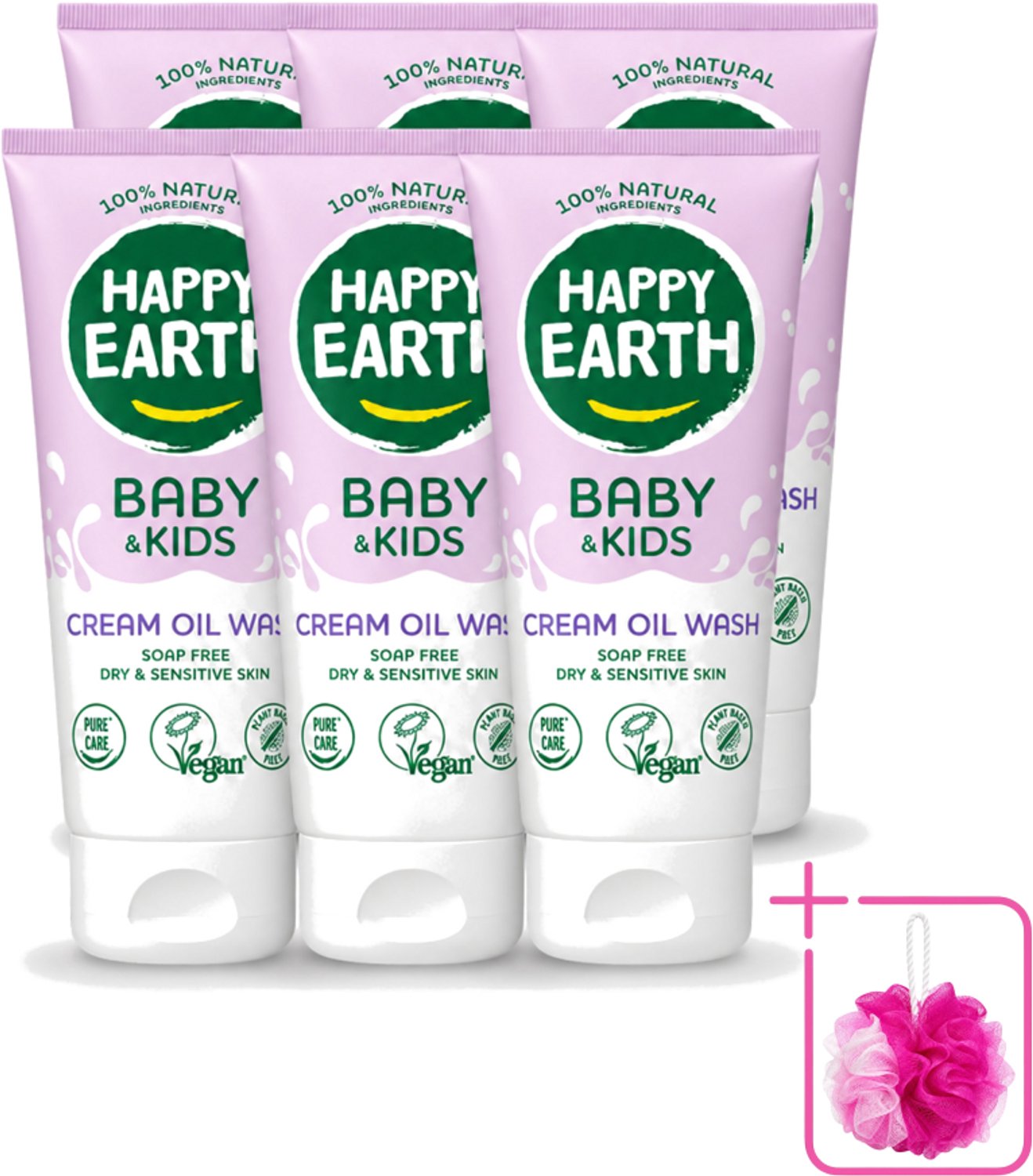 6 x Happy Earth – Cream Oil Wash – 100% Natuurlijk Baby & Kids – 200 ml - Bulkverpakking - Babyolie - Douchemop - Gezichtsolie