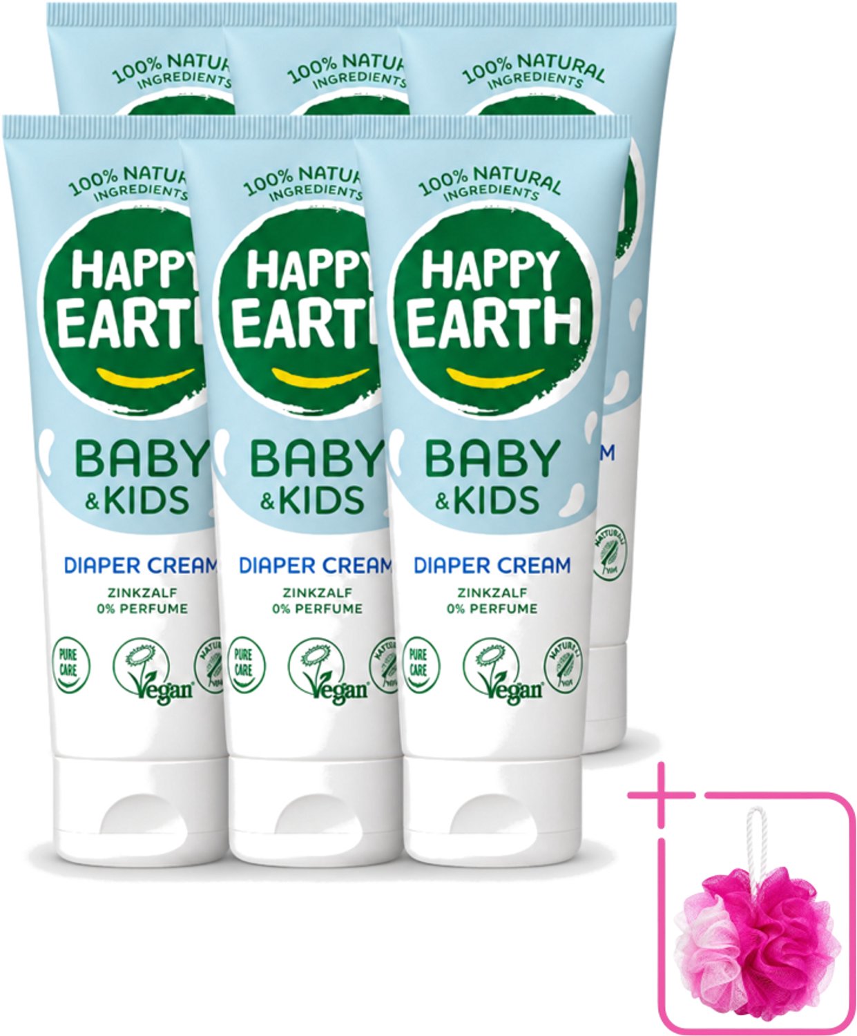 6 x Happy Earth – Diaper Cream – 100% Natuurlijk Baby & Kids – 75 ml - Bulkverpakking - Babybillenbescherming - Douchemop - Luieruitslag voorkomen