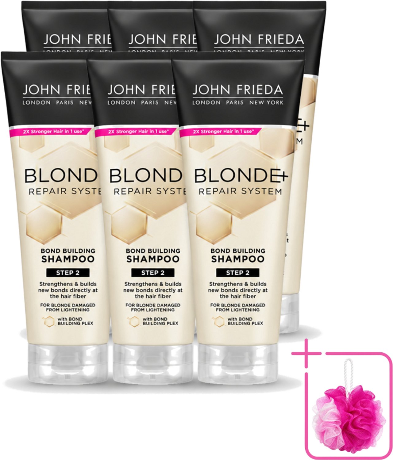 6 x John Frieda – Shampoo – Blonde+ Repair Bond Building – Herstellend – 250 ml - Bulkverpakking - Blond haar herstellen - Douchemop - Beschadigd haar herstellen