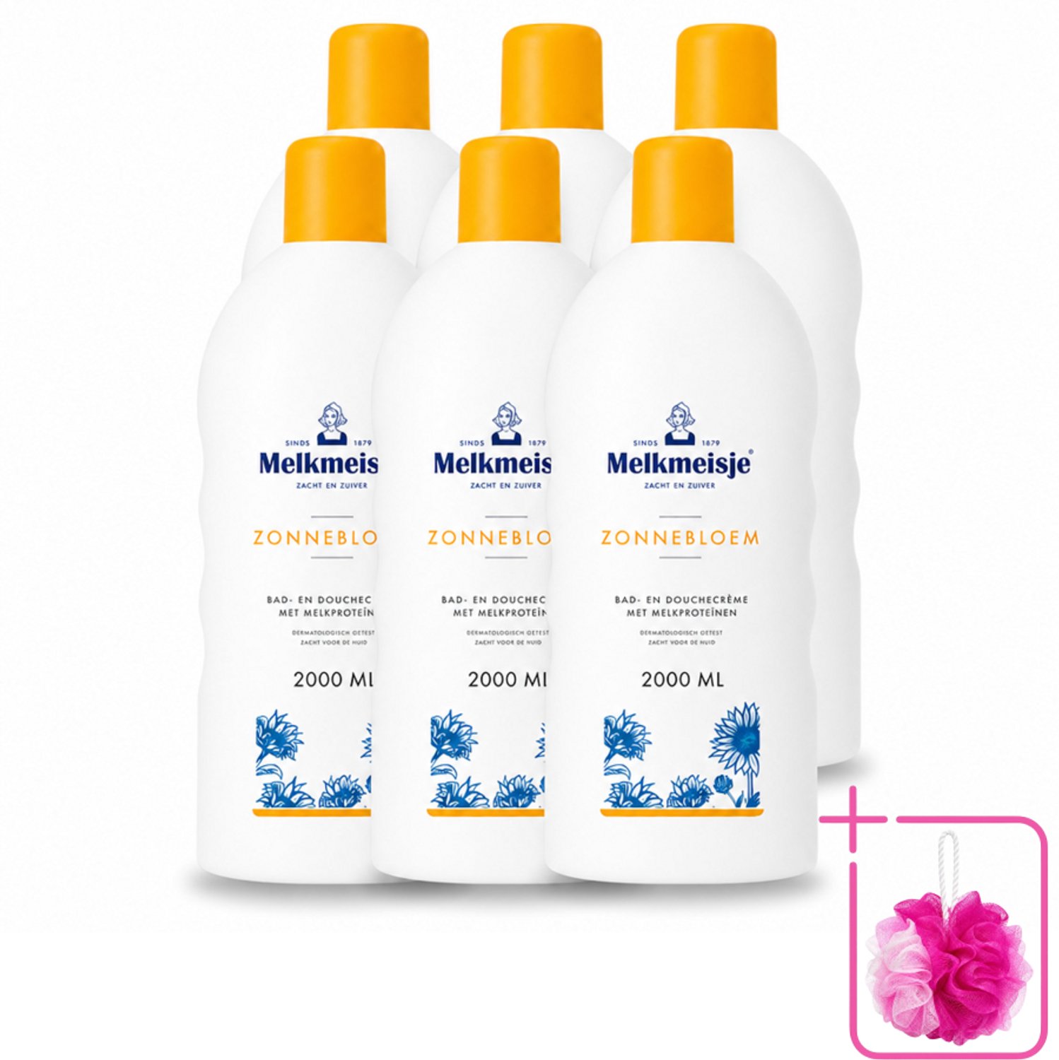 6 x Melkmeisje – Bad & Douchecrème – Zonnebloem – 2000 ml - Bulkverpakking - Bad en douche crème - Douchemop - Zonnebloem en melk