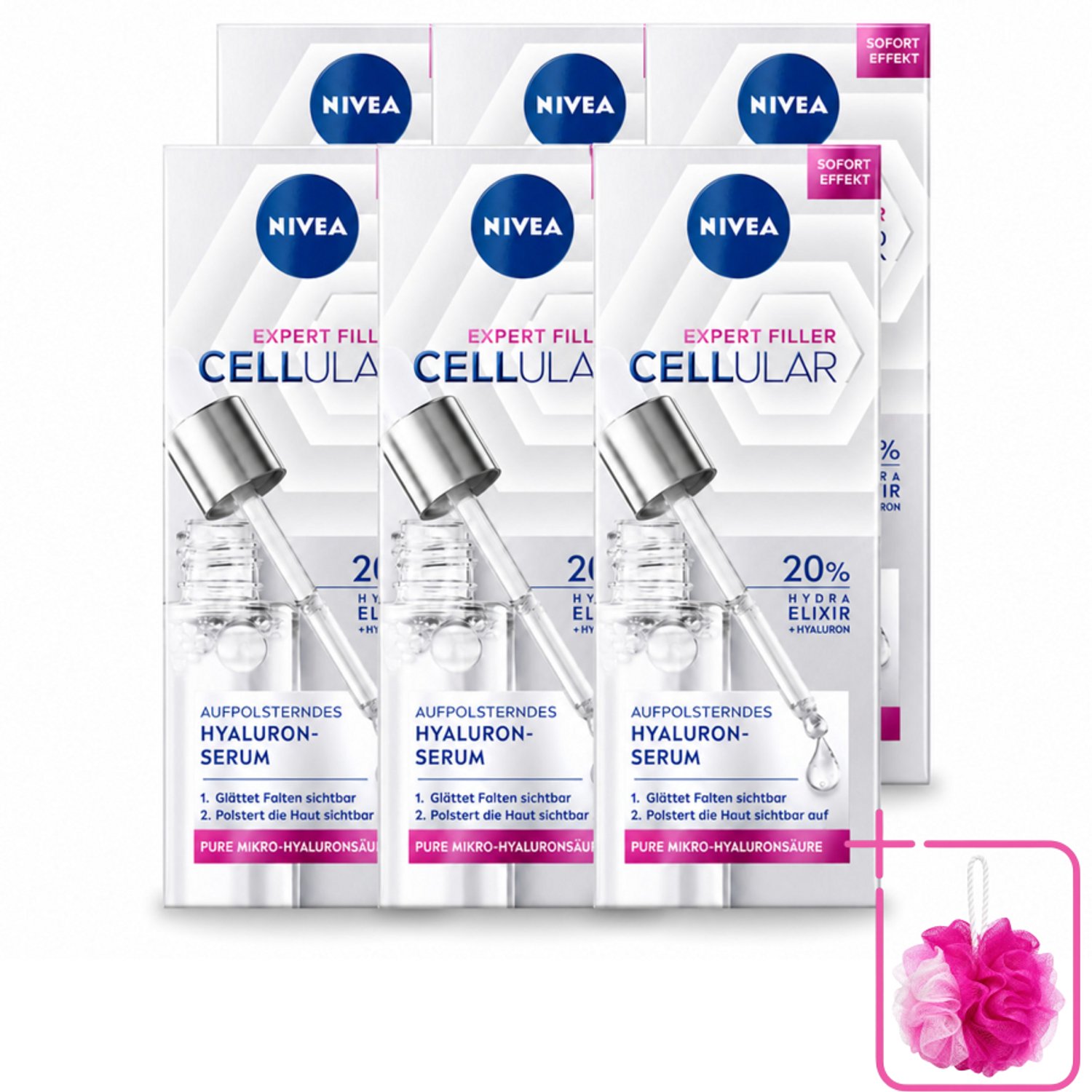 6 x Nivea - Cellular - Expert Filler Hyaluronzuur Serum - Rimpelvullend en Hydraterend - 15 ml - Bulkverpakking - Hyaluronzuur serum - Douchemop - Rimpelvulling