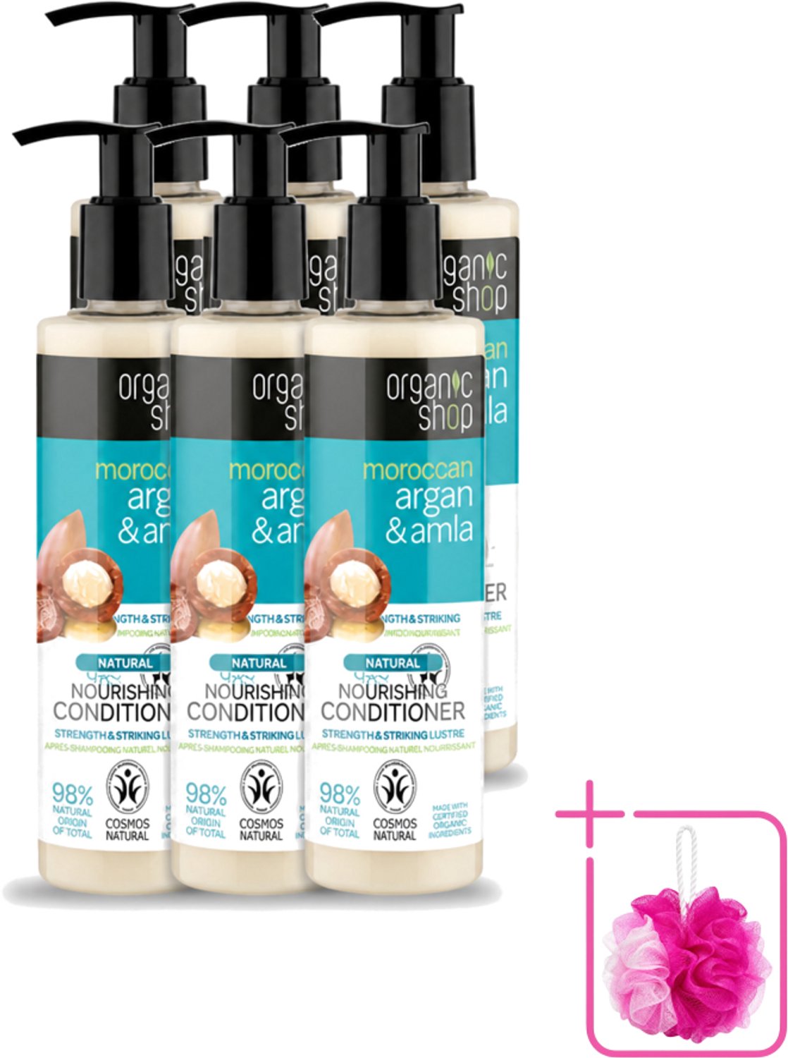 6 x Organic Shop - Conditioner Argan & Amla - Hydraterend en Verzorgend - 280 ml - Bulkverpakking - Gekleurd haar - Douchemop - Glans