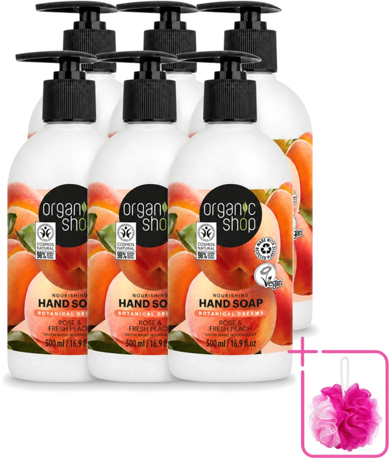 6 x Organic Shop - Handzeep Rose & Peach - Verzorgend en Hydraterend - 500 ml - Bulkverpakking - Handzeep - Douchemop - Natuurlijke handverzorging