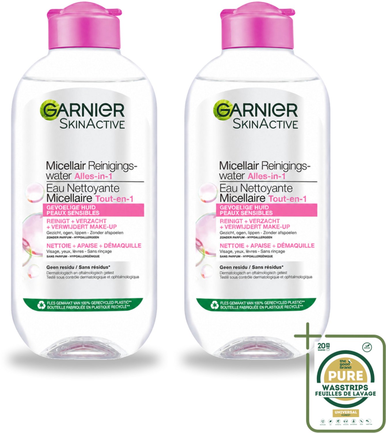 2 x Garnier - SkinActive - Micellair Water - Gevoelige Huid - Gezichtsreiniger - 200 ml - Wasstrips - Gevoelige Huid Reinigen - Micellair Water - Gezichtsreiniger - Make-up Verwijderen - Geurloos Reinigen