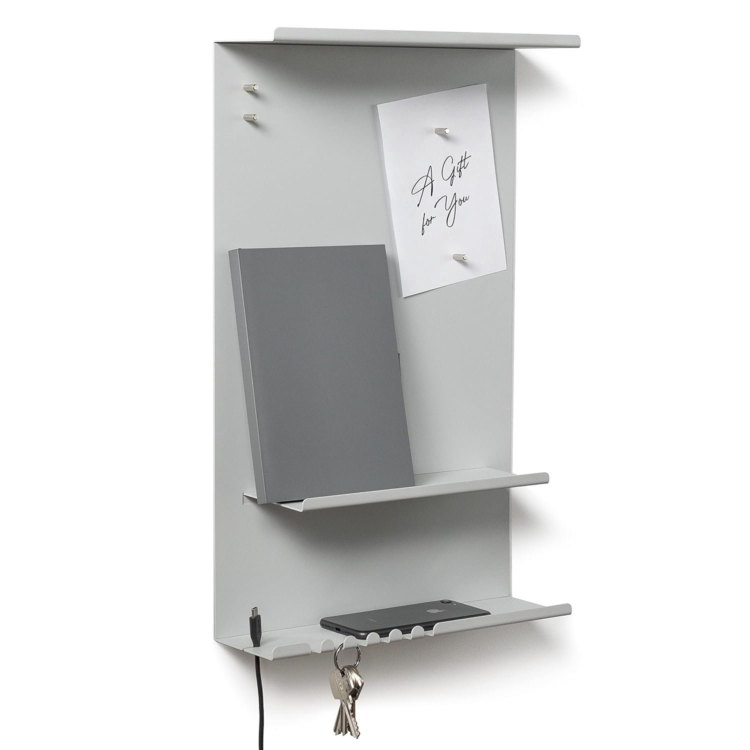 Byde Wandorganisator helium van metaal, 30 x 9 x 49 cm, 3-in-1 wandplank, met magnetisch bord en magneten. Organizer voor sleutels en notities Wandmontage met montagesjabloon. Kleur Grijs