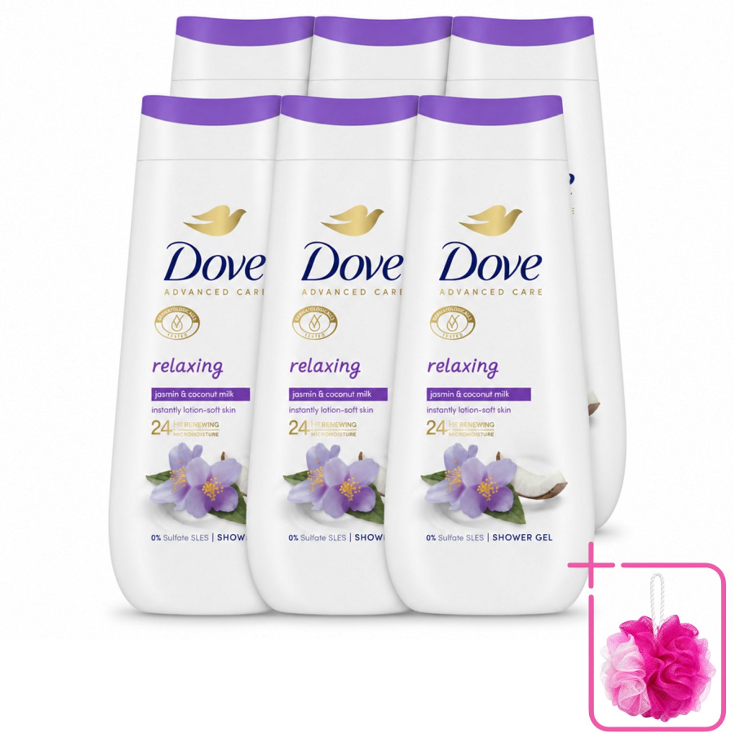 6 x Dove Douchecrème - Relaxing - Kokos & Jasmijn - 225 ml - Bulkverpakking - Douchegel - Douchemop - Ontspannen douche