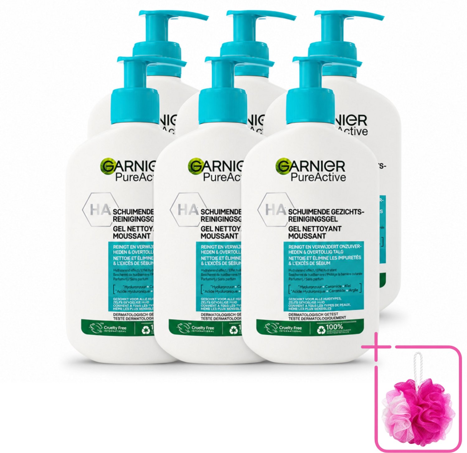 6 x Garnier - Pure Active - Gezichtsreiniger - Hydraterend - 250 ml - Bulkverpakking - Gezichtsreiniger - Douchemop - Hydraat
