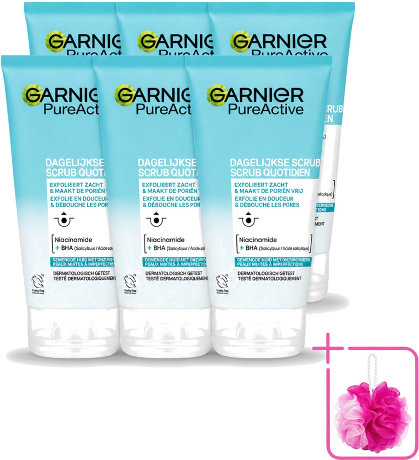 6 x Garnier - Pure Active - Dagelijkse Scrub - Niacinamide & BHA - Exfolieert & Reinigt Poriën - 150 ml - Bulkverpakking - Exfoliatie - Douchemop - Reinigen