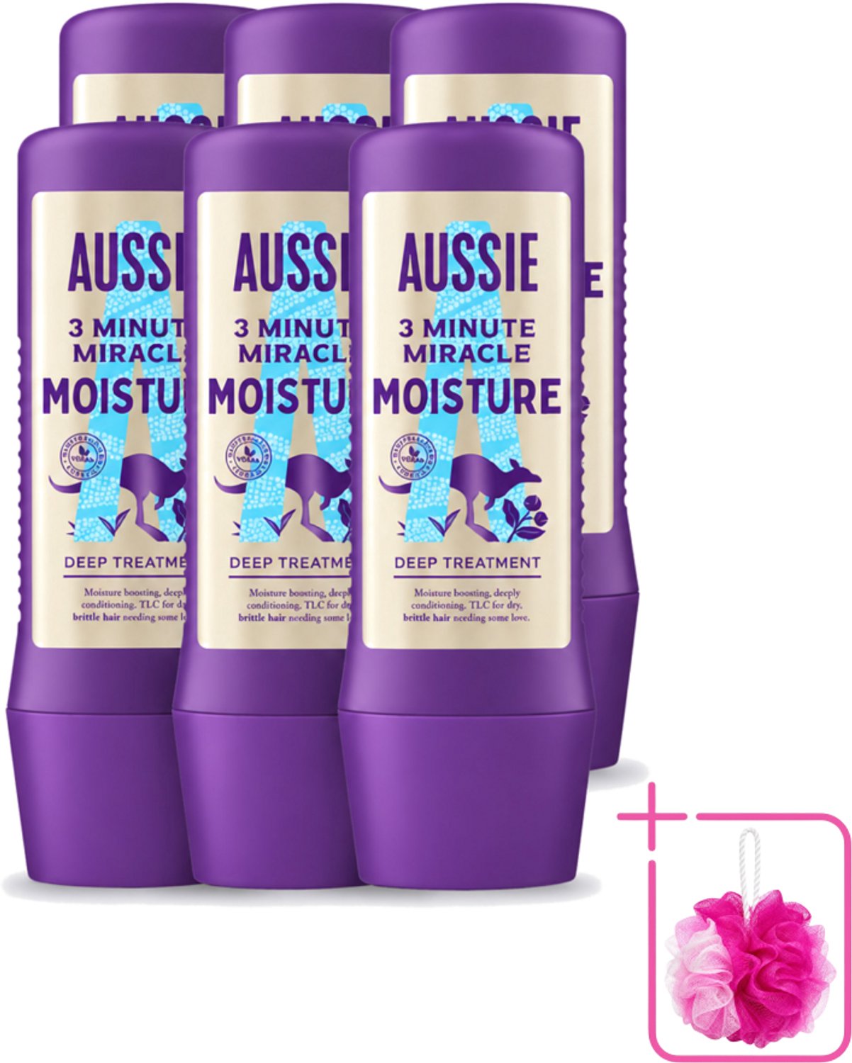 6 x Aussie - Haarmasker - 3 Minute Miracle Moisture - Intensief - Vegan Verzorging - 225 ml - Bulkverpakking - Haarmasker - Douchemop - Haarhydratatie