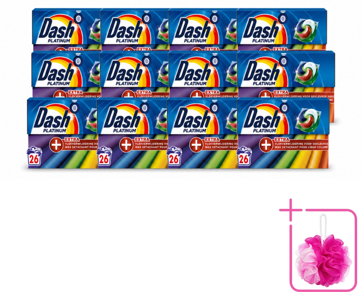 12 x Dash – Wasmiddelcapsules – 4in1 Pods + Extra Vlekverwijdering Color – 26 capsules - Bulkverpakking - Kleurbehoud - Douchemop - Vlekverwijdering