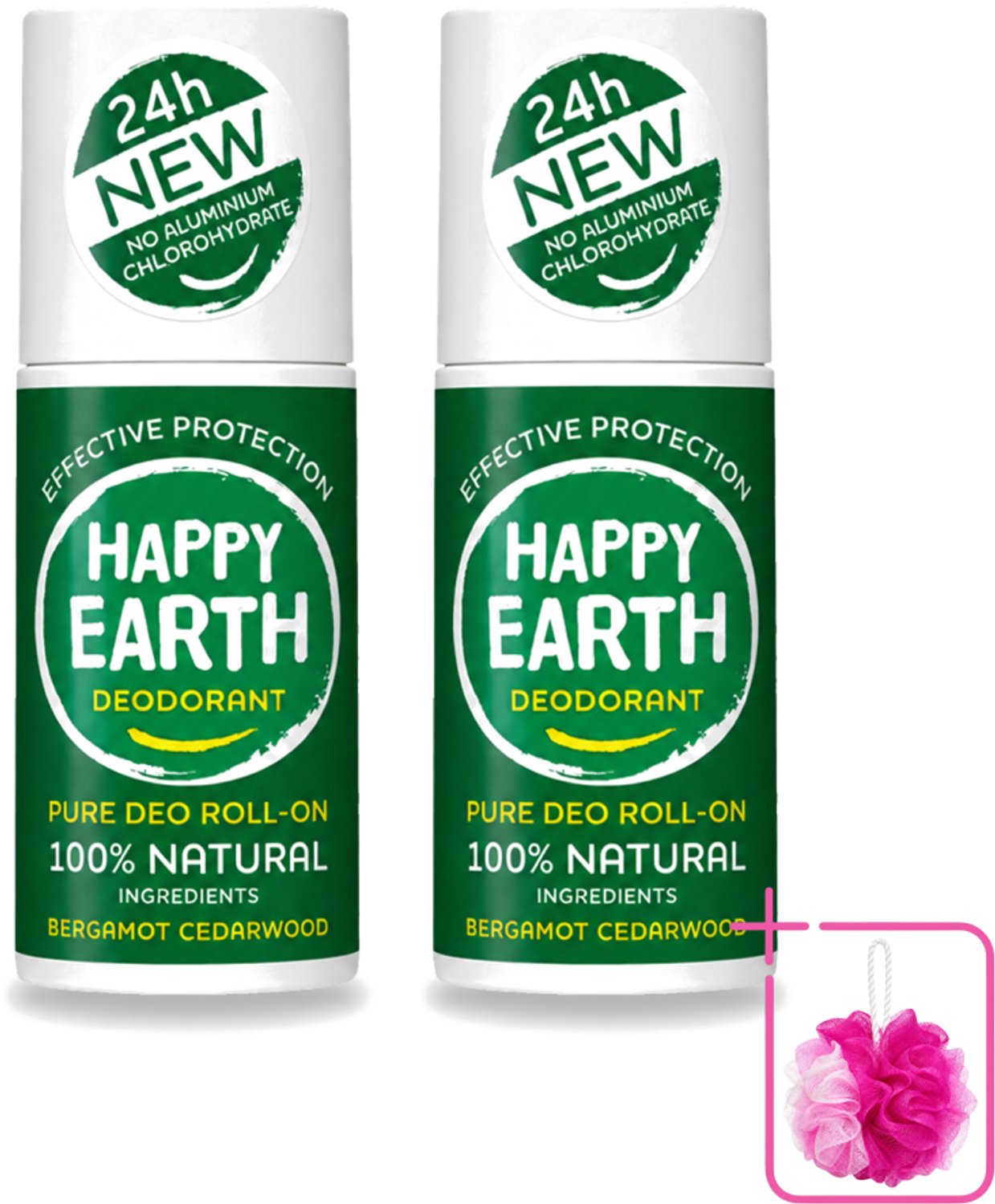 2 x Happy Earth – Deodorant Roll-On – 100% Natuurlijk Bergamot Cedarwood – 75 ml - Bulkverpakking - Bergamot - Douchemop - Cederhout