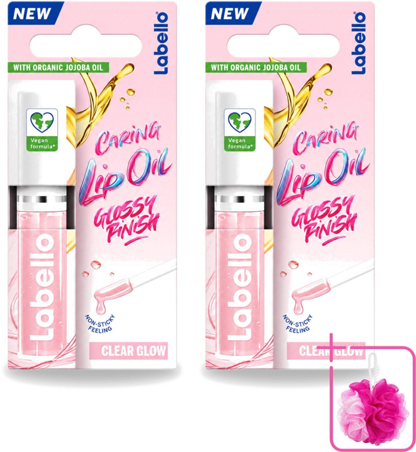 2 x Labello –Caring Lip Oil – Clear Glow – 5,5 ml - Bulkverpakking - Lippenbalsem - Douchemop - Lipolie