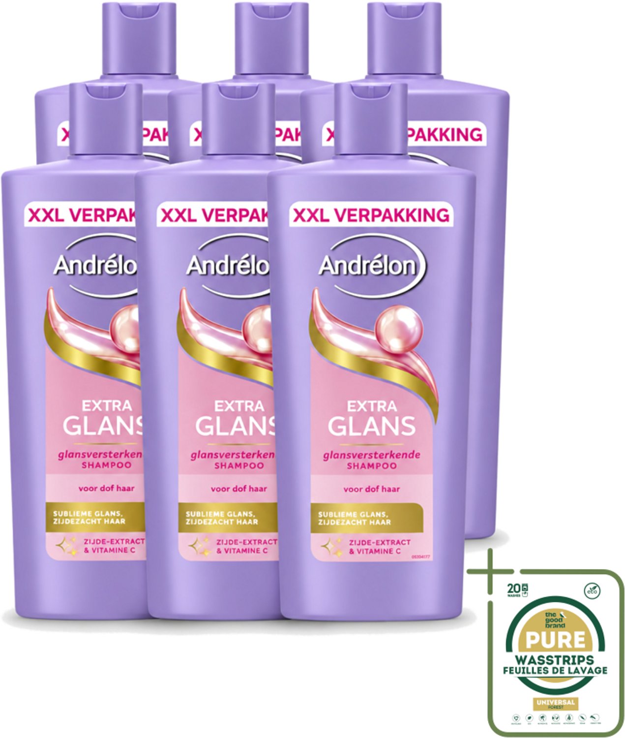 6 x Andrélon – Shampoo – Extra Glans – 685 ml - Wasstrips - Haarverzorging - Glansgevende Shampoo - Dof Haar - Zijde-extract - Vitamine C