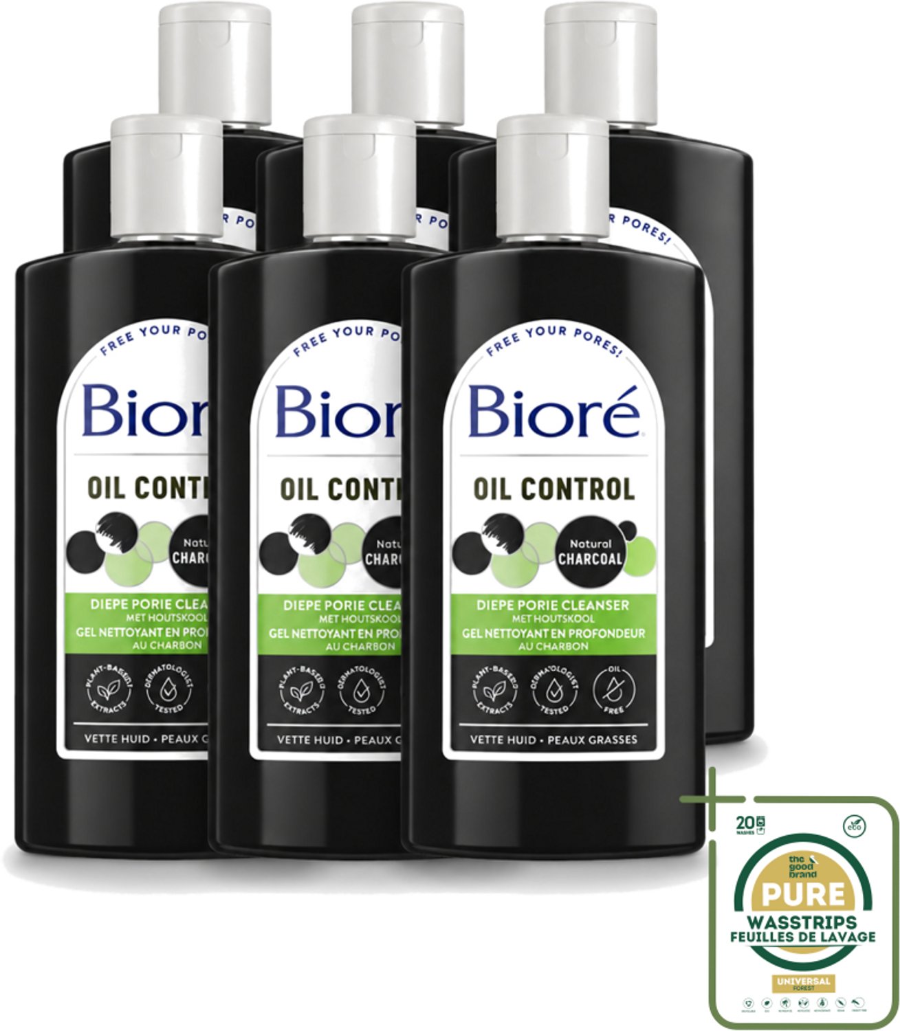 6 x Bioré – Houtskool Reinigingsgel – Gezichtsreiniger – 200 ml - Wasstrips - Gezichtsreiniger - Houtskool - Diepe Reiniging - Poriën Reinigen - Vet Huid