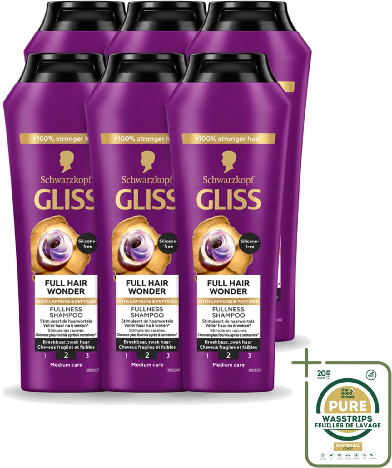 6 x Gliss Shampoo Full Hair Wonder - 250 ml - Wasstrips - Haarversterkend Shampoo - Volume Shampoo - Fijn Haar Shampoo - Dun Haar Shampoo - Biotine Shampoo