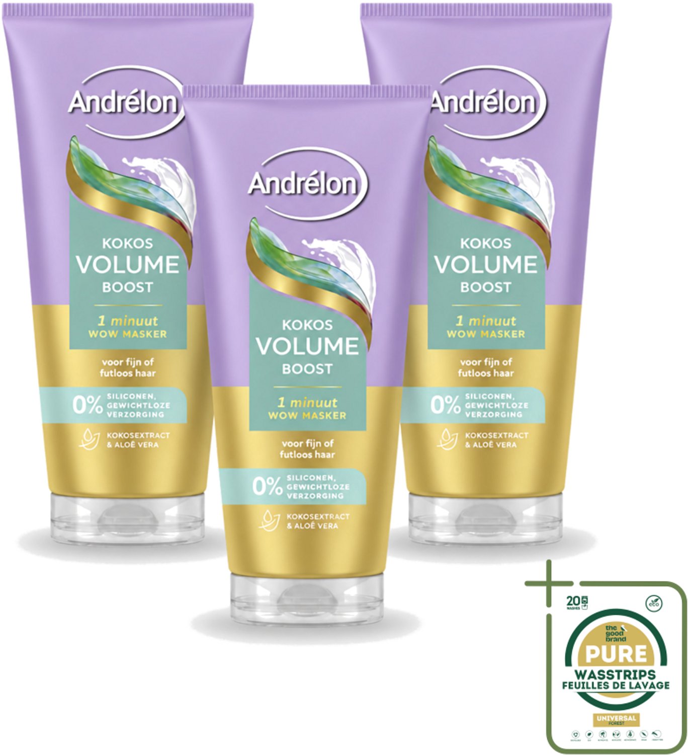 3 x Andrélon – Haarmasker WOW – Kokos Volume Boost – 180 ml - Wasstrips - Haarmasker - Volume - Fijn Haar - Futloos Haar - Luchtig Haar