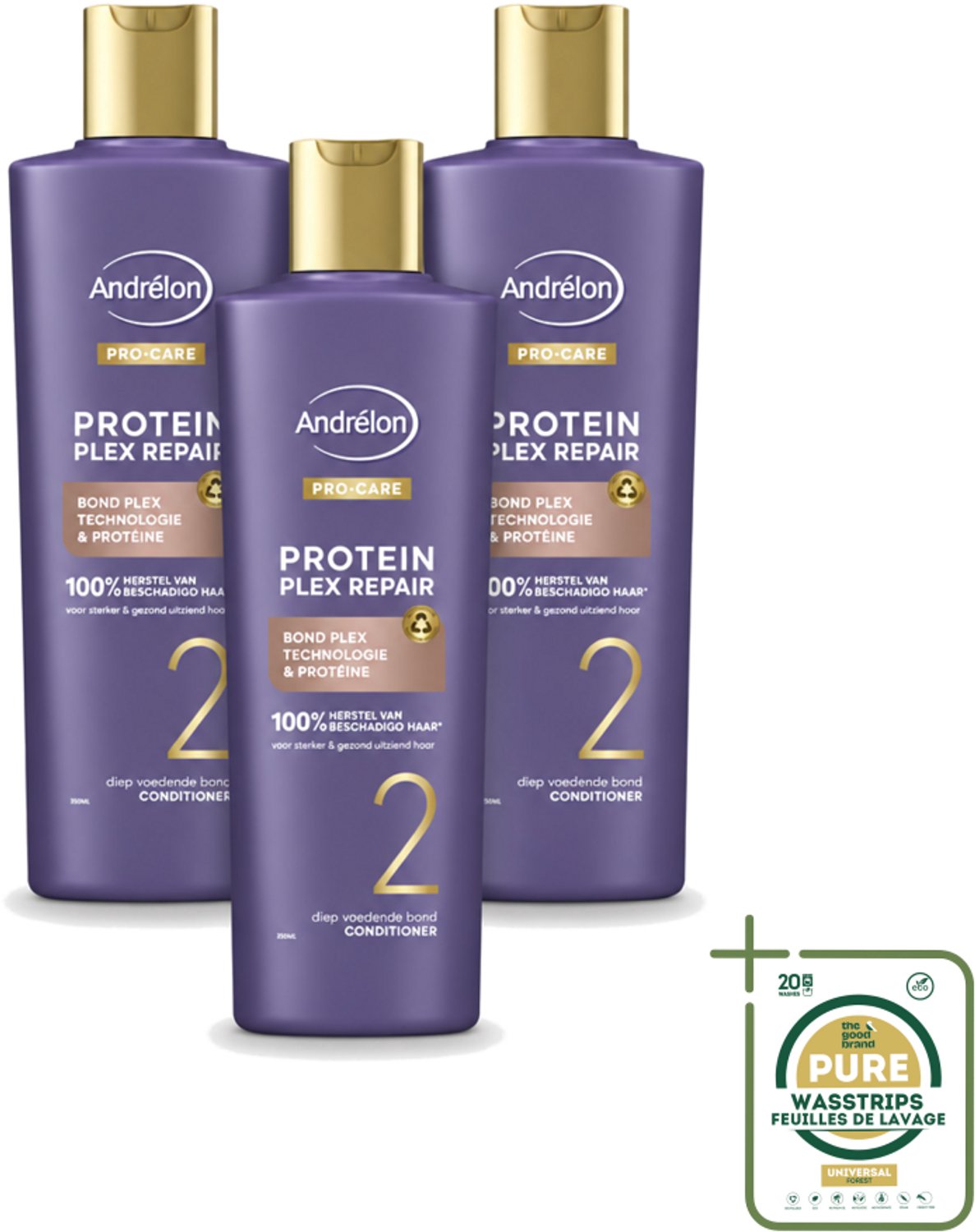 3 x Andrélon – Conditioner – Pro Care Protein Plex Repair – 250 ml - Wasstrips - Herstel Haar - Beschadigd Haar - Proteïne - Bond Plex Technologie - Haarverzorging