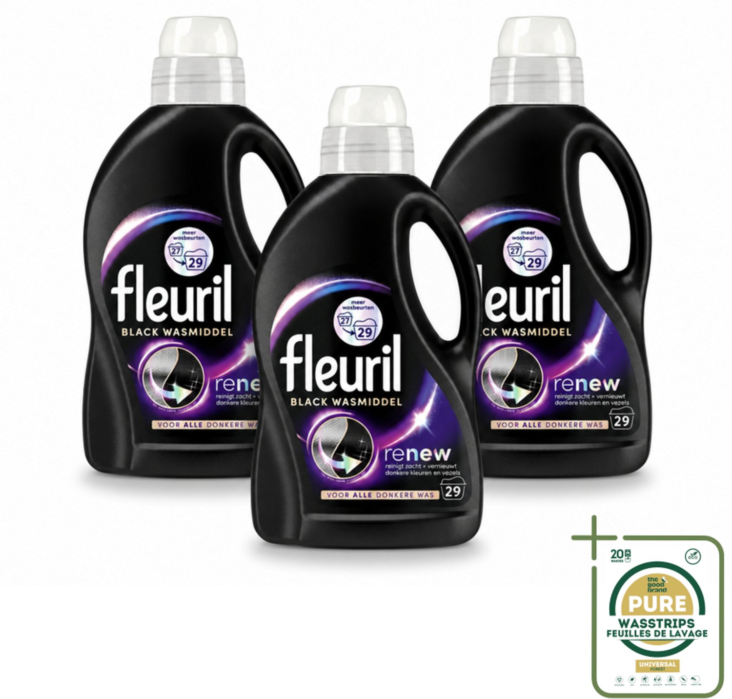 3 x Fleuril – Wasmiddel - Black – 29 wasbeurten – 1,305 L - Wasstrips - Wasmiddel Zwart - Kleurbehoud - Donkere Kleding - Anti-verkleuring - Wasmiddel Voor Zwart