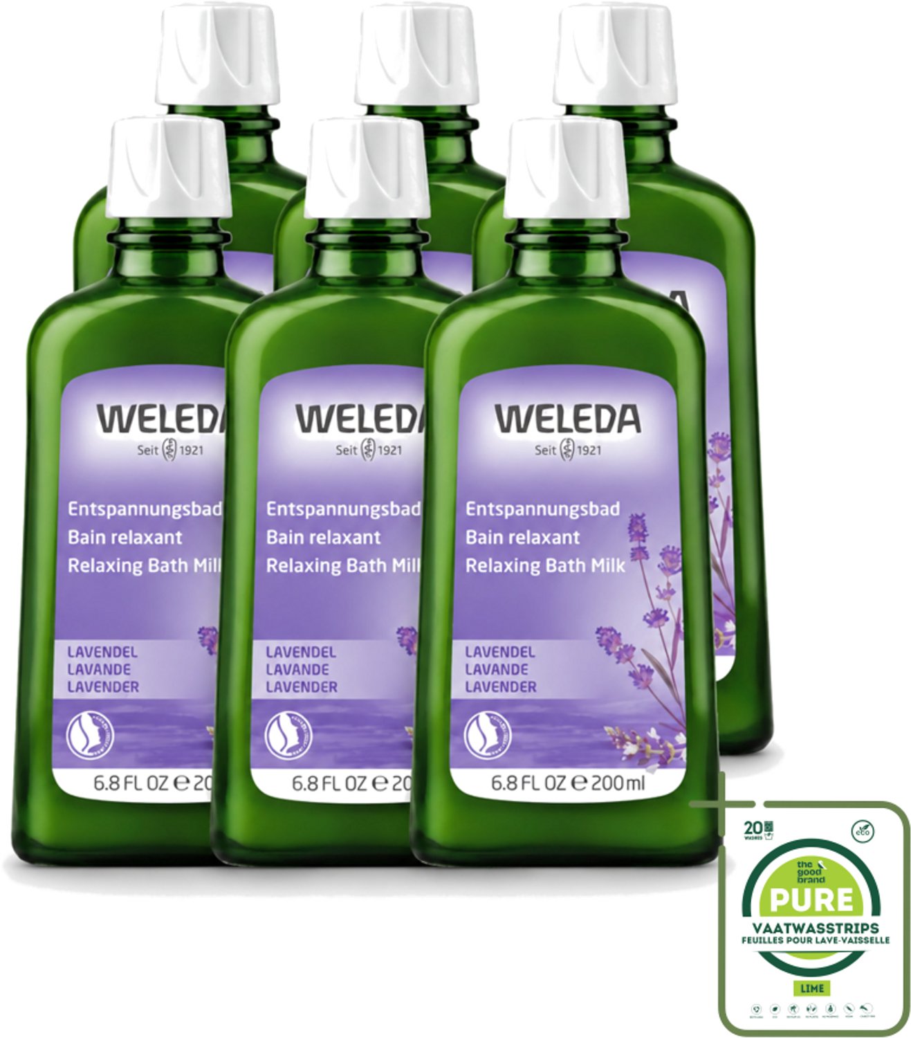 6 x WELEDA - Ontspanningsbadmelk - Lavendel - 200 ml - Grootverpakking - Vaatwasstrips - Ontspanning - Badmelk - Lavendel - Rust - Slaap