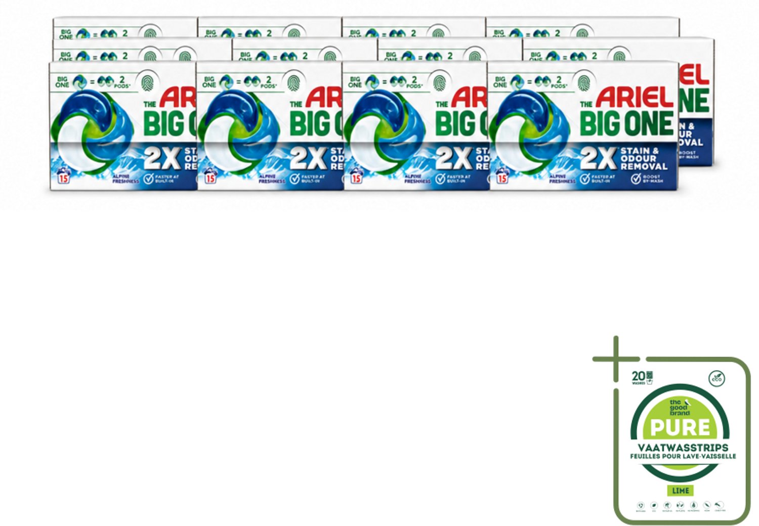 12 x Ariel - 3in1 Wasmiddel Pods - The Big One - Alpine - 15 Pods - Grootverpakking - Vaatwasstrips - Wasmiddel - Wasmiddelpod - Reinigingskracht - Vlekverwijdering - Alpine Geur