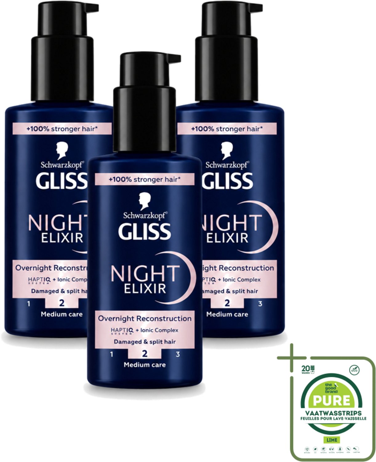 3 x Gliss - Haarserum - Night Elixer Overnight Reconstruction - Tegen Gespleten Haarpunten - 100 ml - Grootverpakking - Vaatwasstrips - Haarschade - Gespleten Haarpunten - Nachtserum - Haarherstel - Haarverzorging