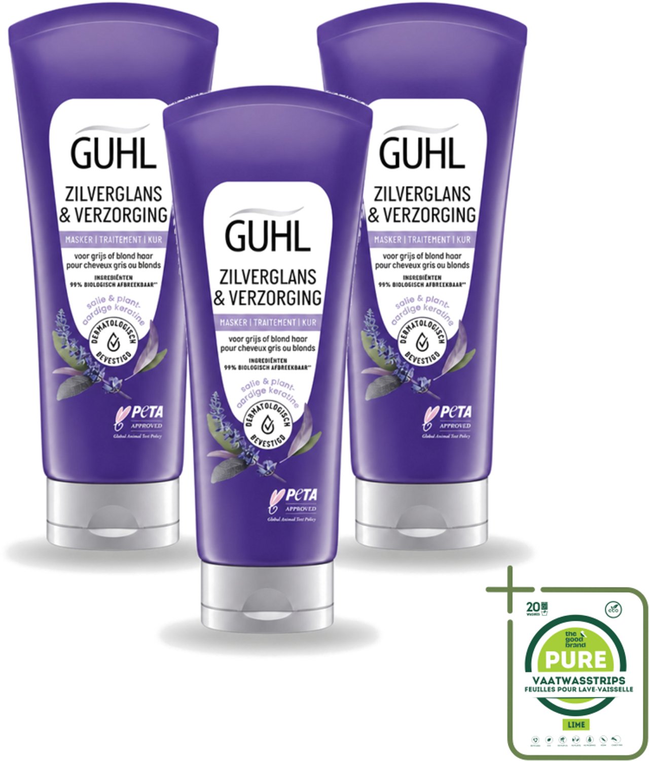 3 x Guhl - Haarmasker - Zilverglans & Verzorging Anti-Geel - 200 ml - Grootverpakking - Vaatwasstrips - Anti-geel Haarmasker - Geel Gloed Neutraliseren - Stralend Blond Haar - Grijs Haar Verzorgen - Haarkleur Opfrissen