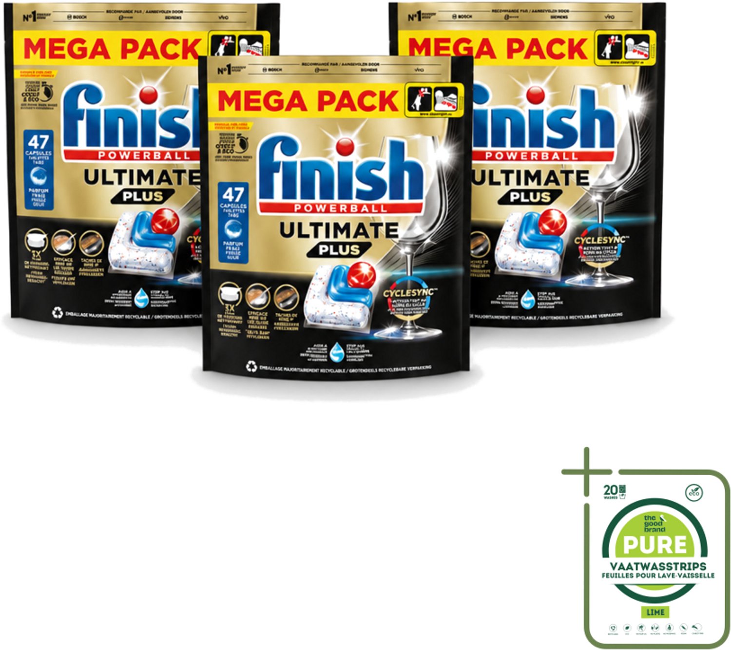 3 x Finish - Vaatwasmiddel - Ultimate Plus All in One Regular - Krachtige Alles-in-1 Reiniging - 47 capsules - Grootverpakking - Vaatwasstrips - Vaatwasmiddel - Vaatwasser - Reinigingscapsule - Glans - Aangekooken Etensresten