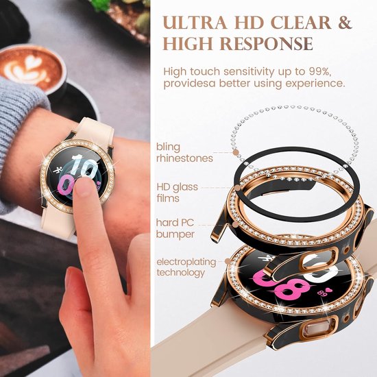 [3 stuks] Kamita Diamond Screen Protector Case voor Samsung Galaxy Watch 5/Watch 4 40 mm, harde PC Bumper Cases met Gehard Glas Film, Glitter Cover voor Galaxy Watch5/Watch4 (Zwart+Rosegold+Wit) — afbeelding 3