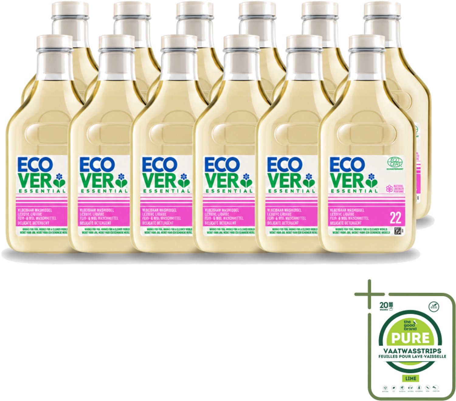 12 x Ecover - Vloeibaar wasmiddel Essential - Wol & Fijnwas - 1 liter - 22 wasbeurten - Grootverpakking - Vaatwasstrips - Wasmiddel Voor Wol - Wasmiddel Voor Zijde - Zachte Was - Natuurlijke Was - Milieuvriendelijke Was