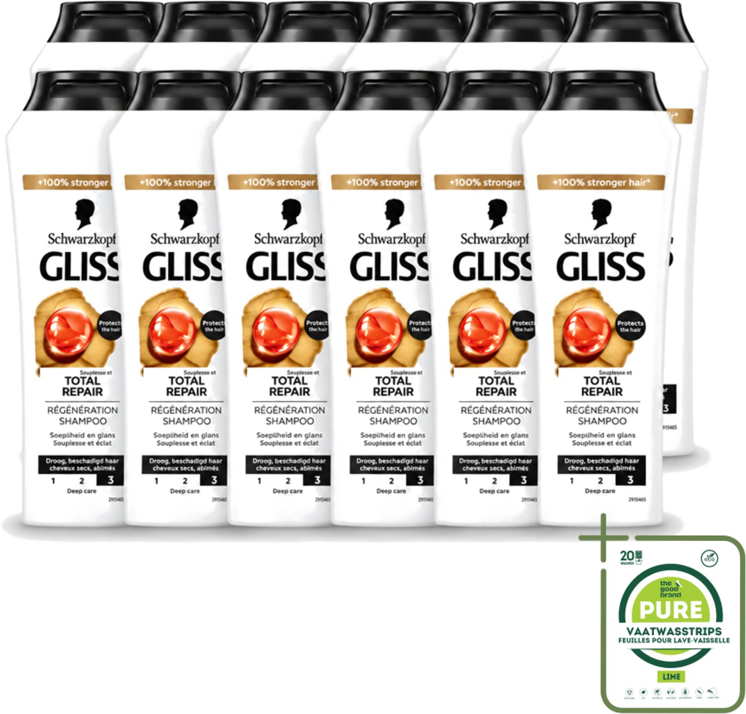 12 x Gliss - Shampoo - Total Repair - Voor Intensief Haarherstel - 250 ml - Grootverpakking - Vaatwasstrips - Haarkracht - Haarherstel - Keratine - Haarverzorging - Haarbreuk