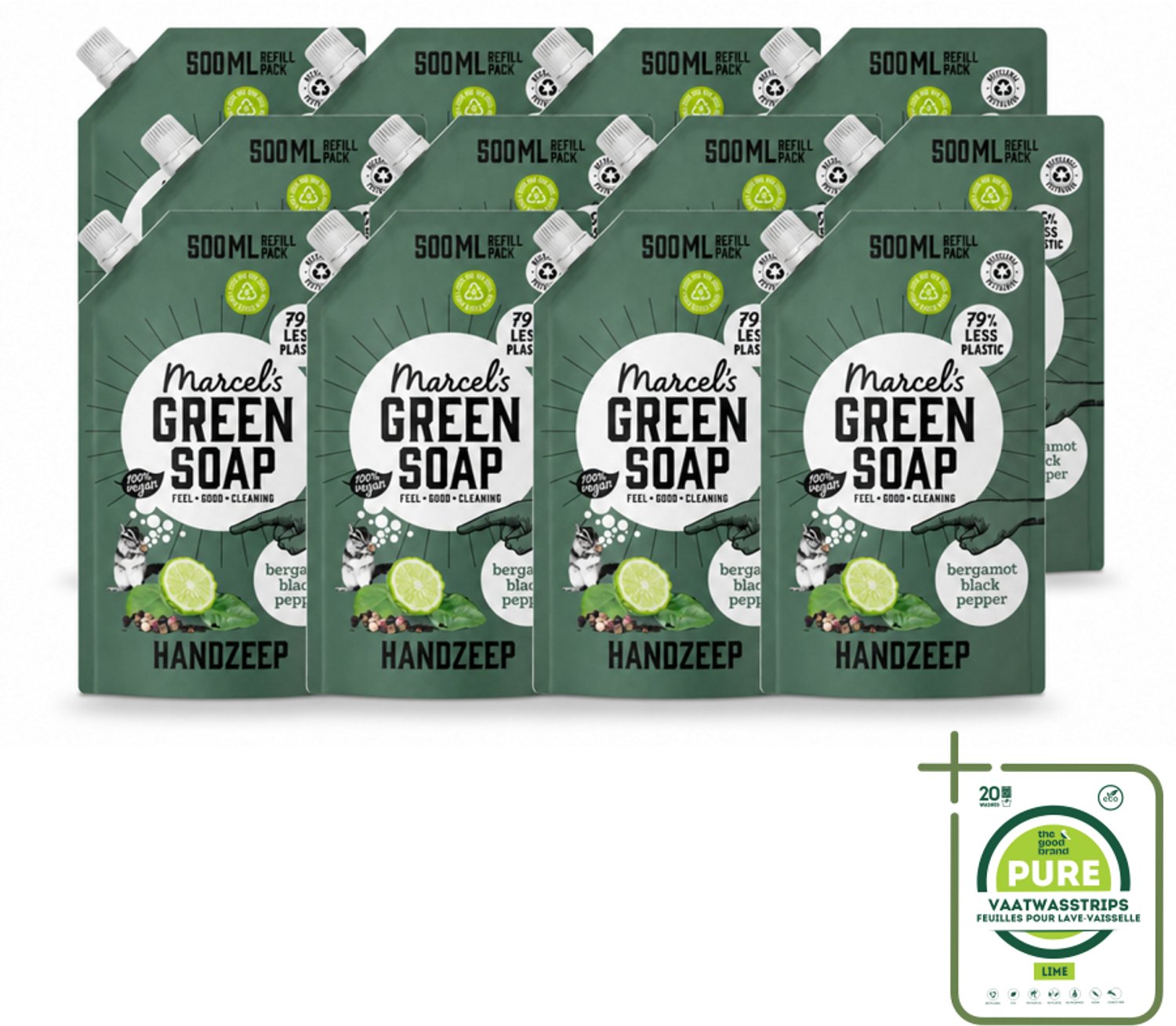 12 x Marcel's Green Soap - Handzeep - Bergamot & Black Pepper - Natuurlijke verzorging - 500 ml - Grootverpakking - Vaatwasstrips - Handzeep Navulling - Biologisch Afbreekbaar - Plantaardige Glycerine - Bergamot En Zwarte Peper - Duurzaamheid