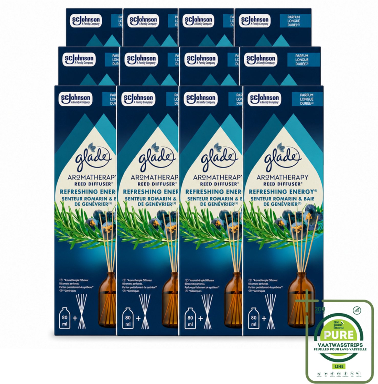 12 x Glade - Geurstokjes Verfrissende Energie - Aromatherapie Geurverspreiding - 80 ml - Grootverpakking - Vaatwasstrips - Geurstokjes - Energie - Fris - Geur - Aromatherapie