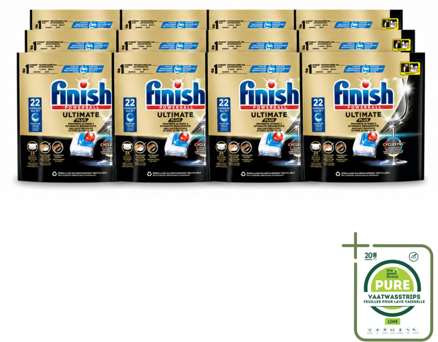 12 x Finish - Vaatwasmiddel - Ultimate Plus Vaatwastabletten Regular - Krachtige Alles-in-1 Reiniging - 22 capsules - Grootverpakking - Vaatwastabletten - Vaatwasmachine - Reinigingsmiddel - Glans - Vaat Reinigen