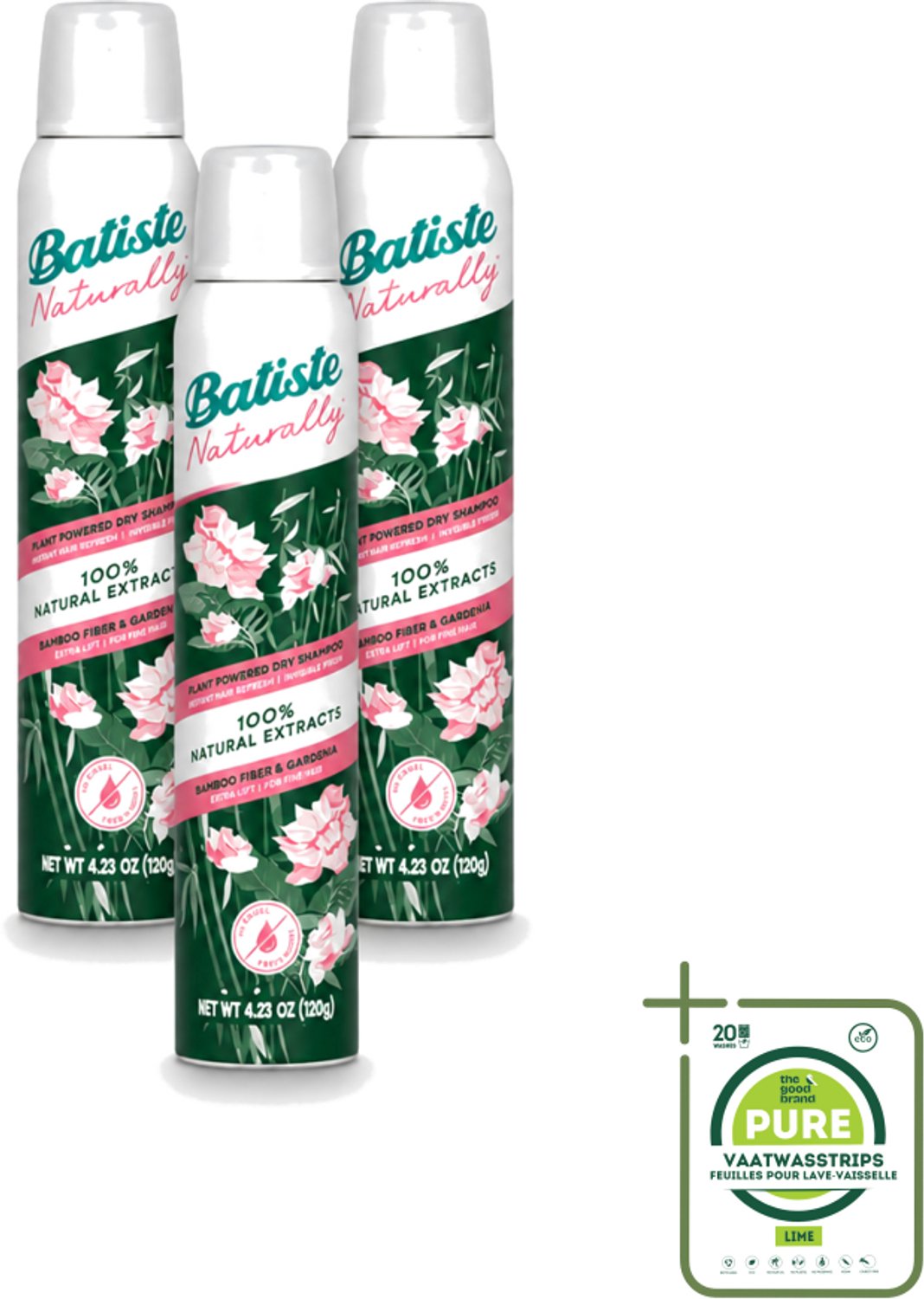 3 x Batiste - Naturally Bamboo Fibre & Gardenia - Droogshampoo - Versterkt en Verfrist - 100% Natuurlijk - 200ml - Grootverpakking - Natuurlijke Haarkleur - Haarkleur Verfrissen - Haarkleur Versterken - Haarkleur Verzorgen - Haarkleur Droogshampoo