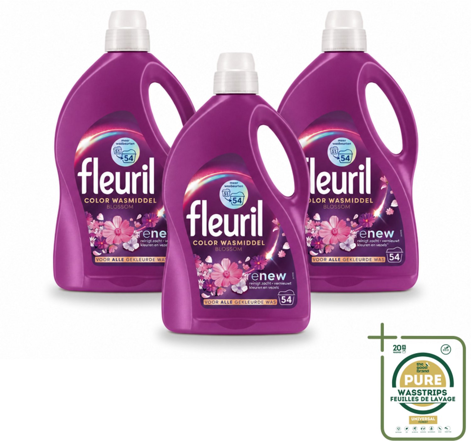 3 x Fleuril - Wasmiddel - Color Blossom Vloeibaar Wasmiddel - Kleurbehoud & Bloemige Geur - 54 wasbeurten - Wasstrips - Kleurbehoud - Bloemige Geur - Wasmiddel - Vloeibaar Wasmiddel - Gekleurde Was