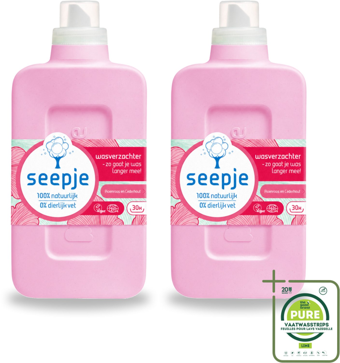 2 x Seepje - Wasverzachter - Geurige Verzorging - Pioenroos en Cederhout - 30 Wasbeurten - 750 ml - Grootverpakking - Vaatwasstrips - Wasverzachter - Natuurlijke Wasverzachter - Pioenroos - Cederhout - Wasverzachter Pioenroos