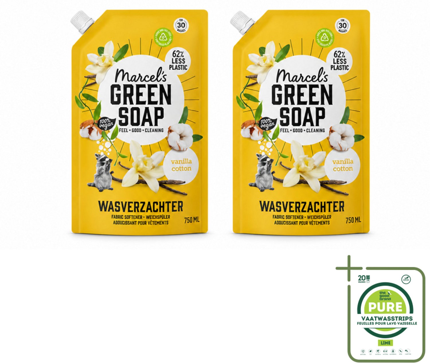 2 x Marcel's Green Soap - Wasverzachter - Navulling - Katoen & Vanille - Zachte frisheid- 30 Wasbeurten - 750 ml - Grootverpakking - Vaatwasstrips - Wasverzachter - Wasgoed Zachter Maken - Katoen Geur - Vanille Geur - Milieuvriendelijk Wasgoed